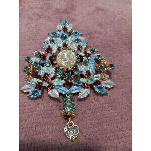 New Blue and Gold Christmas Tree with Heart at Bottom Brooch. 3ins Long,